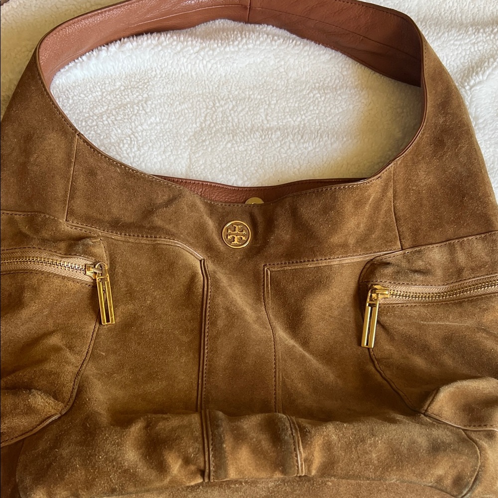 Tory Burch Tan Suede Hobo Bag with Gold Accents